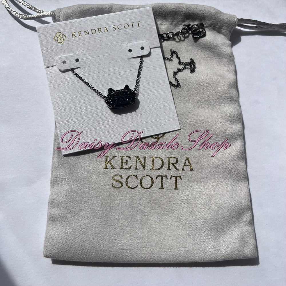 🖤✨Kendra Scott Elisa Cat Pendant Necklace Black Drusy Gunmetal New 🐈⬛ - Picture 3 of 6